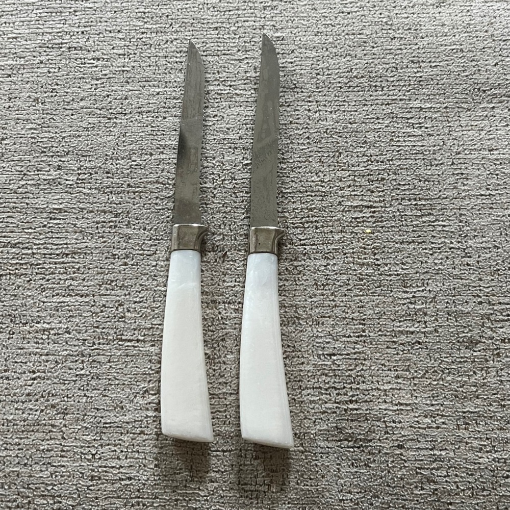 Vintage Forgecraft USA Steak Knives Set of 2 Pearlescent White Faux Pearl Handle